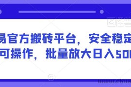 网易官方搬砖平台，安全稳定长期可操作，批量放大日入500+【揭秘】