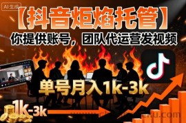 【抖音炬焰托管】你提供账号，团队代运营发视频，单号月入1k+【揭秘】