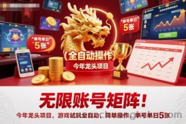 无限账号矩阵！今年龙头项目，游戏试玩全自动，简单操作，单号单日5张【揭秘】