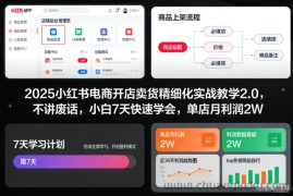 2025小红书电商开店卖货精细化实战教学2.0，不讲废话，小白7天快速学会，单店月利润2W