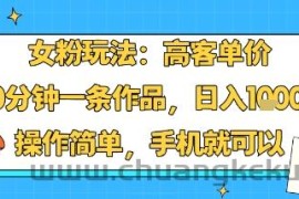女粉玩法：高客单价，10分钟一条作品，日入1k+操作简单，手机就可以