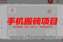 手机搬砖项目，有手就能做，亲测一小时几十，苹果安卓都可以