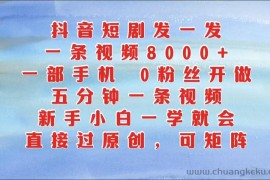 抖音短剧发一发，一条视频8000+，五分钟一条视频，新手小白一学就会，只要一部手机…