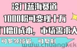 冷门蓝海赛道，1000粉可变现十W，无门槛0成本，市场需求大，可多领域做，可复制性强