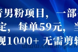 抖音男粉项目，一部手机搞定，每单59米，当天变现1k+  无需剪辑
